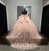 Princess Strapless Pink Quinceanera Dresses with Bow Tulle Sweetheart Mychicdress